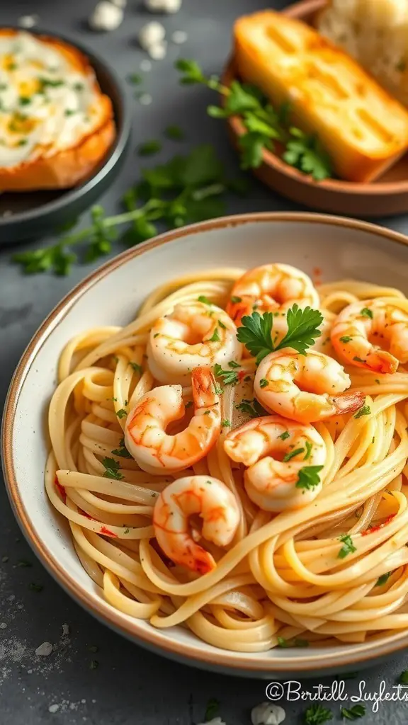 A plate of Shrimp Scampi over Linguine with garlic bread on the side.