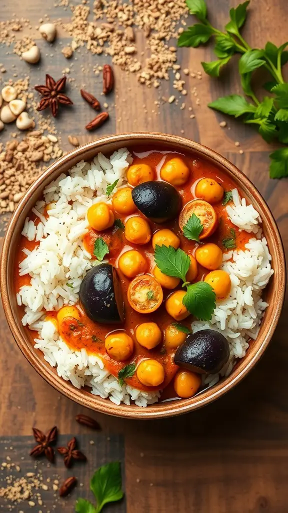 A bowl of eggplant and chickpea curry served with rice, garnished with fresh herbs.