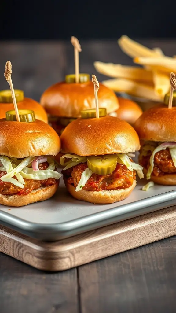 A platter of BBQ chicken sliders topped with pickles and cabbage