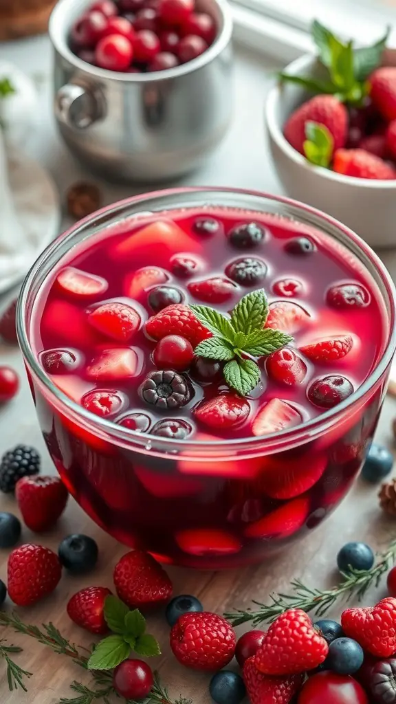 A vibrant bowl of winter berry punch filled with strawberries, blueberries, raspberries, and blackberries, garnished with mint leaves.
