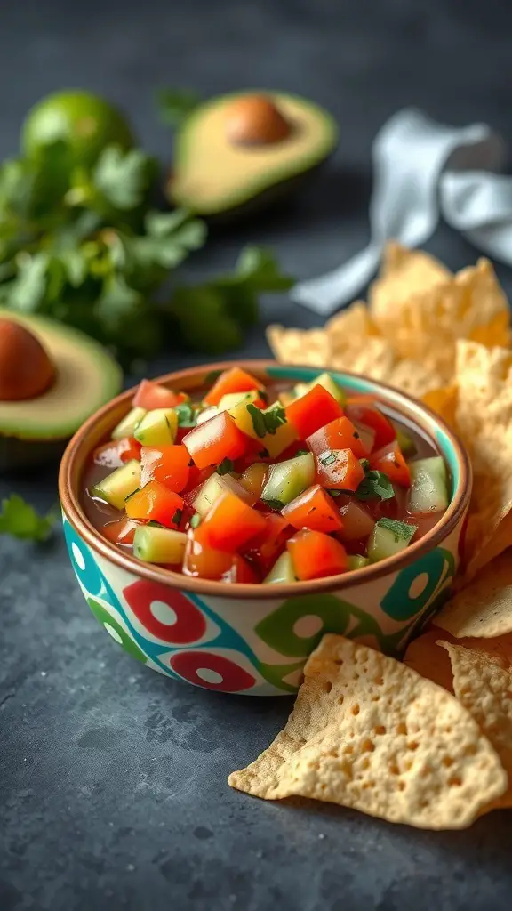 A bowl of avocado and tomato salsa surrounded by tortilla chips and fresh ingredients.