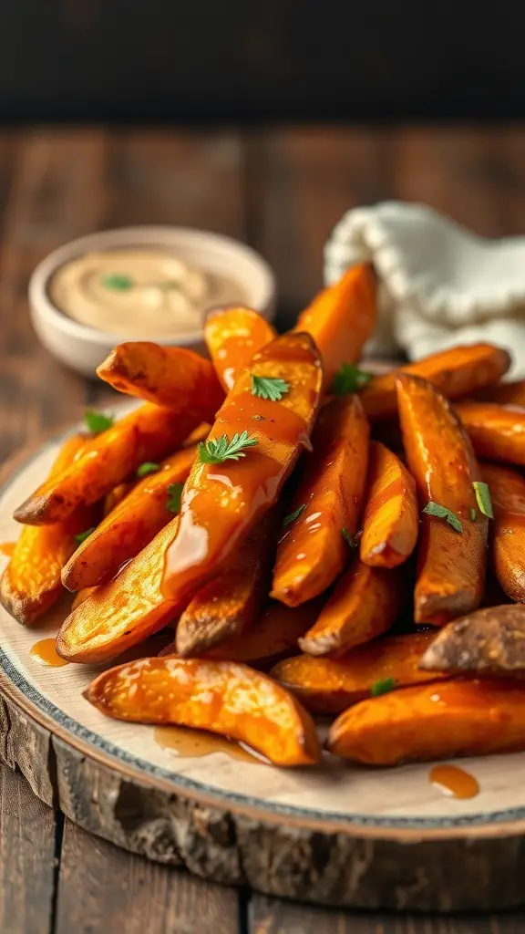 Maple glazed sweet potato wedges on a wooden plate with a creamy dip