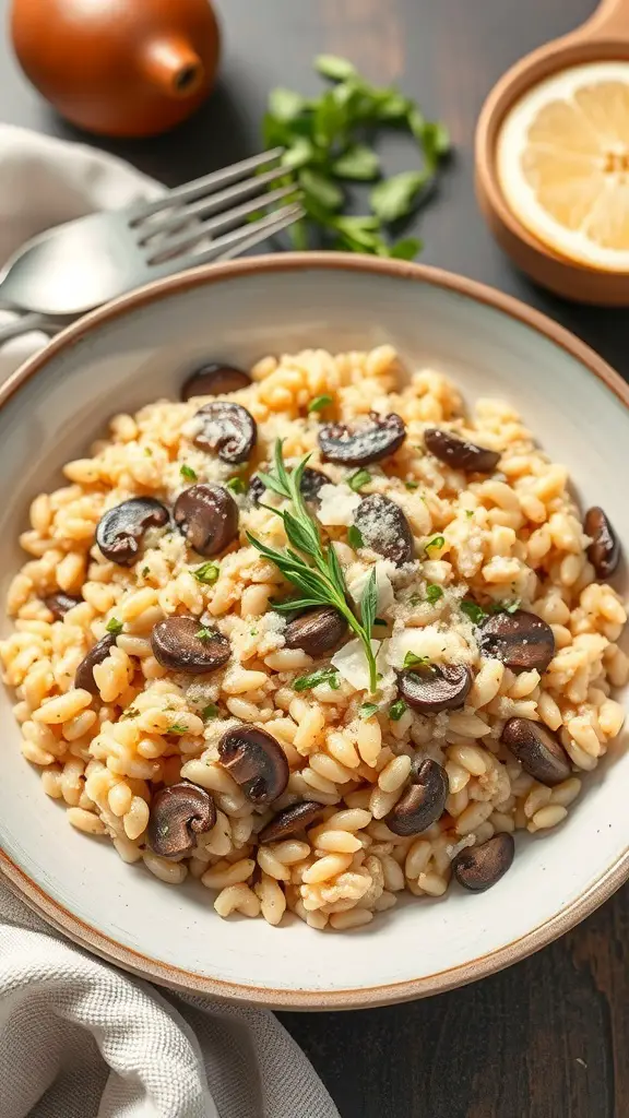 A bowl of mushroom and barley risotto garnished with herbs, served with a lemon slice and a fork.
