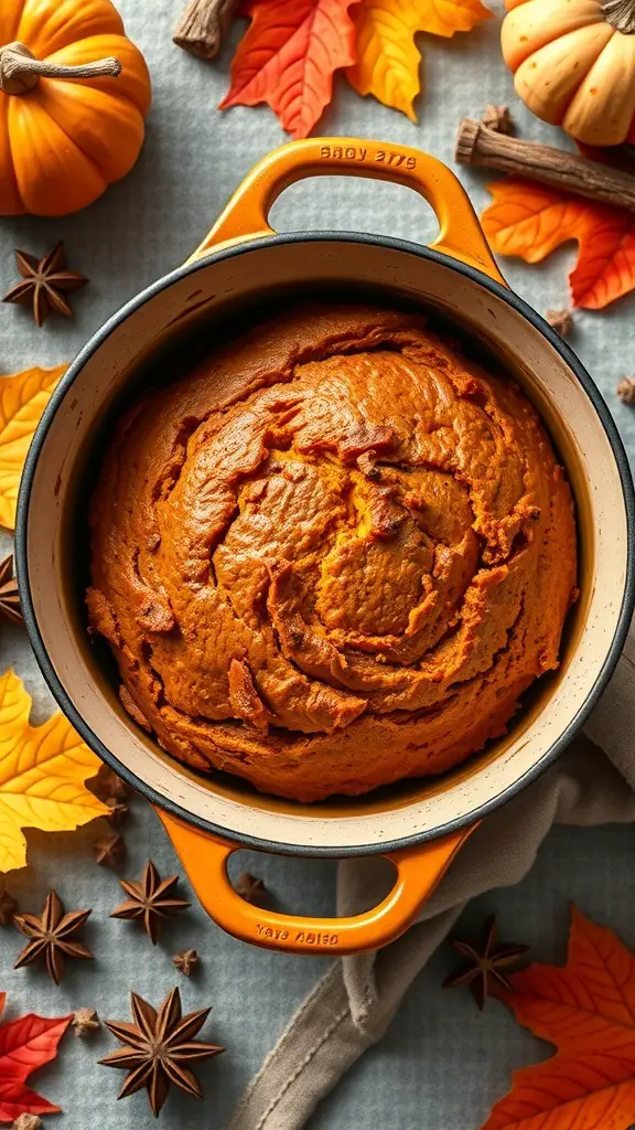 A freshly baked pumpkin spice bread in a Dutch oven, surrounded by autumn leaves and pumpkins.