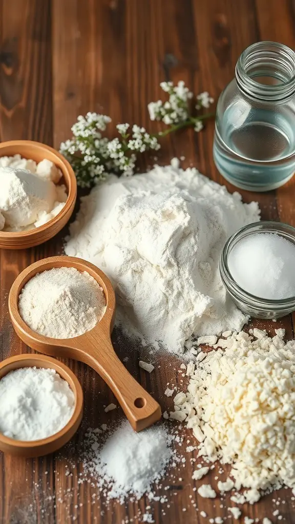 Ingredients for no-knead bread including flour, salt, sugar, and water on a wooden surface.