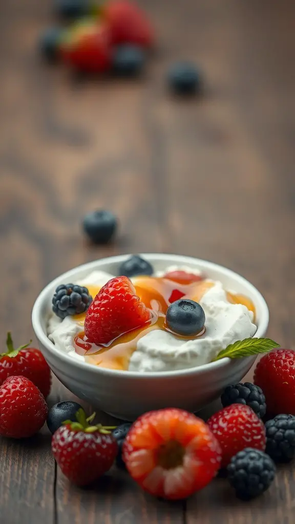 A bowl of ricotta cheese topped with fresh berries on a wooden table.
