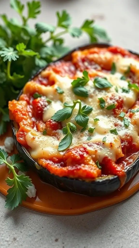 A serving of Eggplant Parmesan with melted cheese, garnished with herbs, on a plate.