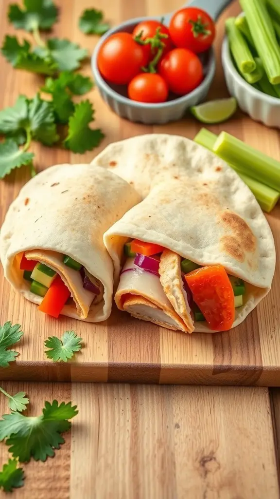 Mini pita pockets filled with turkey and colorful vegetables on a wooden cutting board