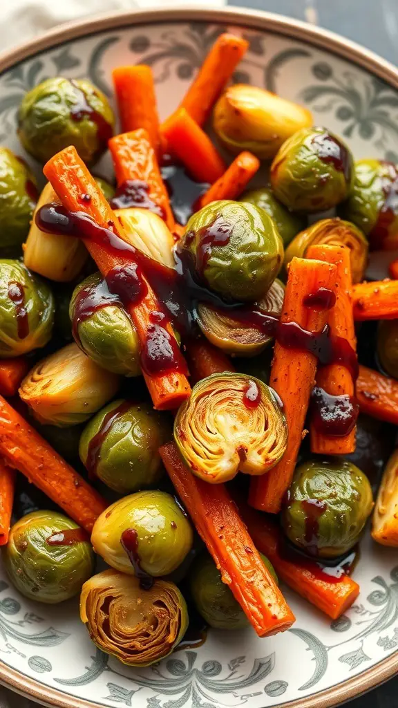 A plate of balsamic glazed Brussels sprouts and carrots, showcasing vibrant colors and a glossy finish.