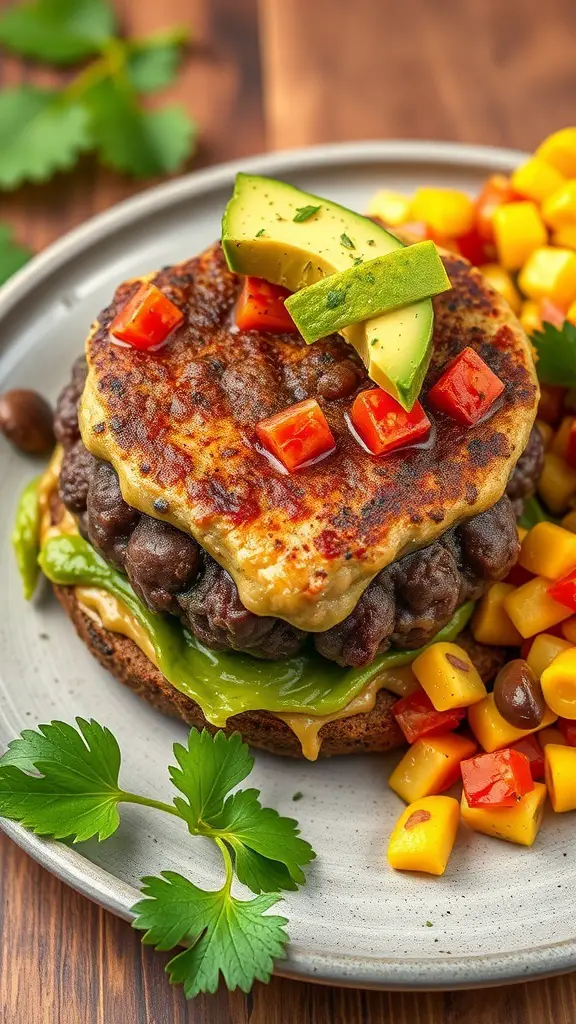A Southwestern Black Bean Burger topped with avocado and tomatoes, served with mango salsa.