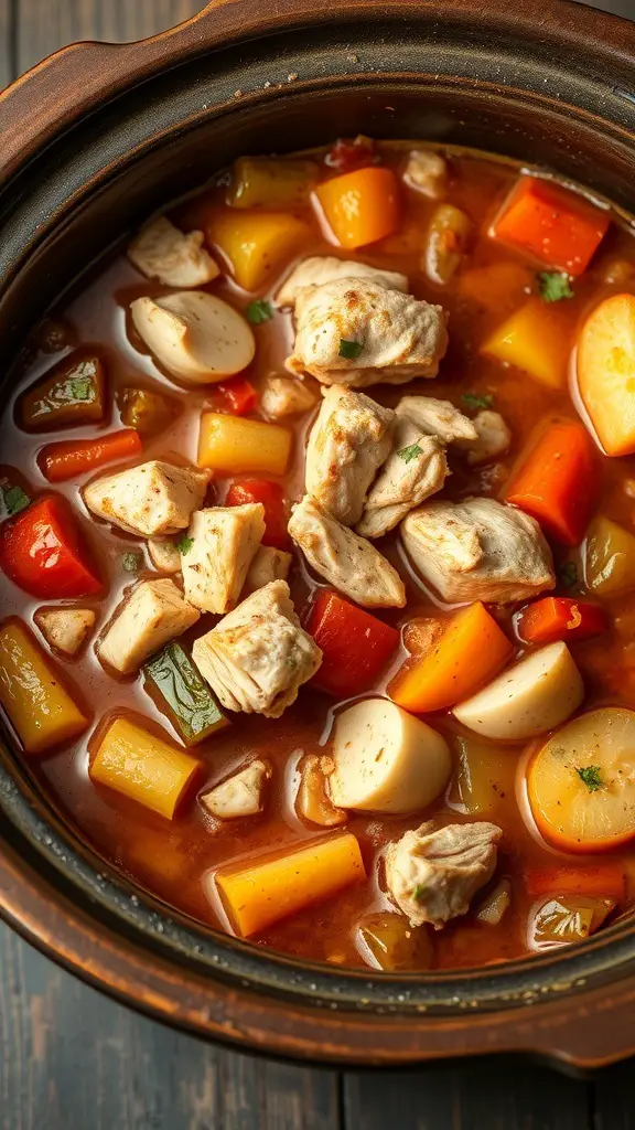 A delicious chicken and vegetable stew in a crockpot, featuring colorful veggies and tender chicken pieces.