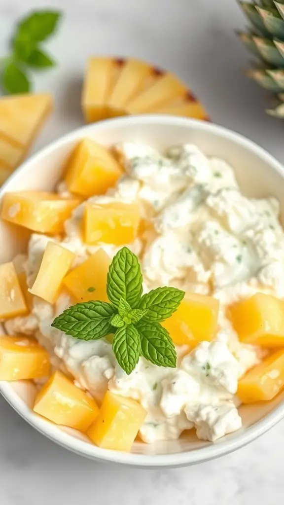 A bowl of cottage cheese topped with pineapple chunks and a sprig of mint, with pineapple slices in the background.