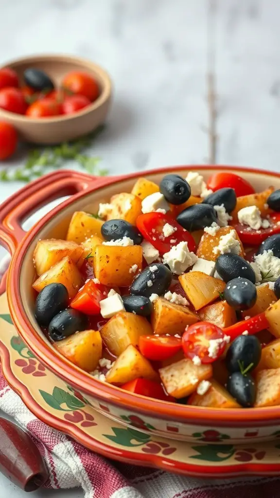 A colorful Mediterranean Potato Bake with potatoes, cherry tomatoes, olives, and feta cheese in a decorative dish.