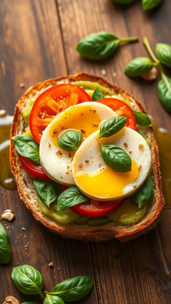 A delicious Caprese Avocado Toast topped with mozzarella, tomatoes, and basil on a wooden table.