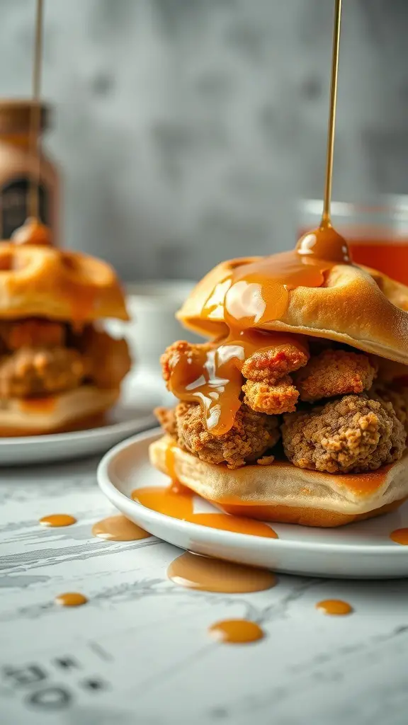 Crispy chicken and waffle sliders with syrup drizzled on top