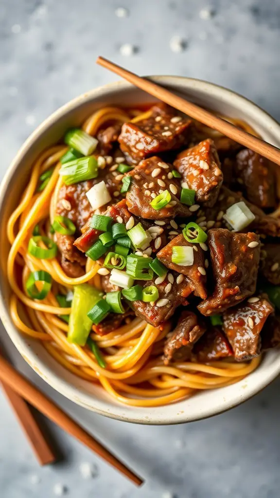 A bowl of Szechuan Beef Noodles topped with green onions and sesame seeds.