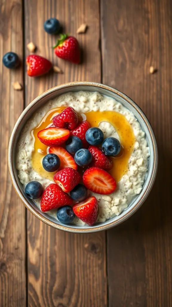 A bowl of overnight oats topped with fresh strawberries, blueberries, and a drizzle of honey on a wooden table.