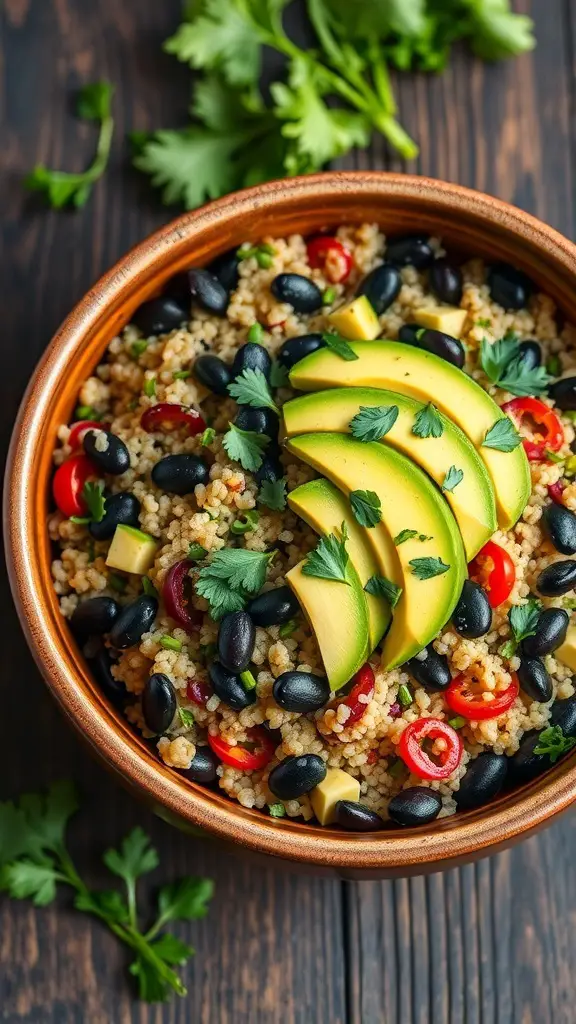 A bowl of quinoa salad with black beans, avocado slices, and colorful vegetables.