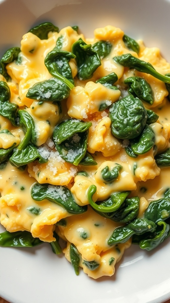 A bowl of soft scrambled eggs with spinach, garnished with a sprinkle of salt.