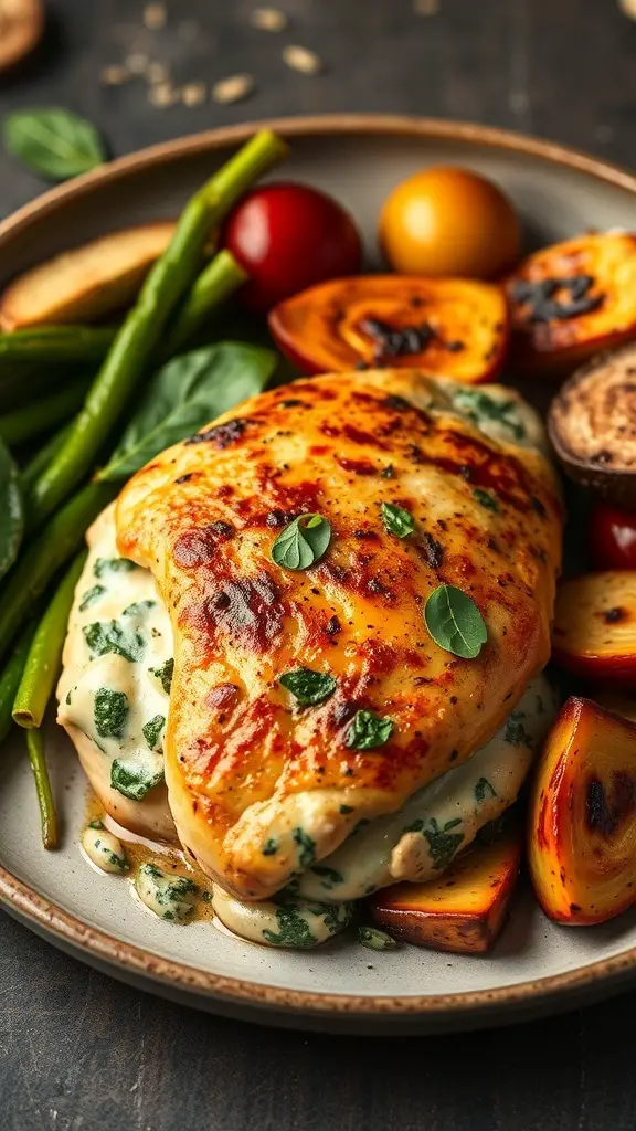 Creamy Spinach Stuffed Chicken with roasted vegetables on a plate