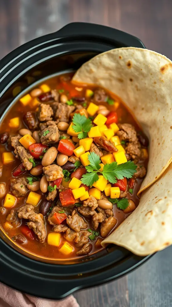 A bowl of Southwestern Beef and Bean Stew with beef, beans, vegetables, and a tortilla on the side.