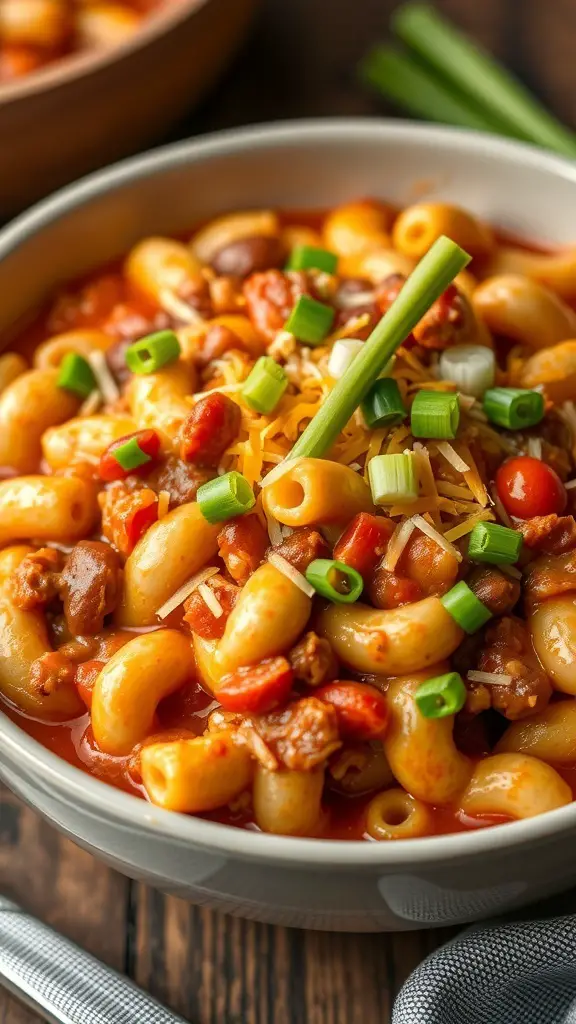 A bowl of chili mac and cheese topped with green onions and cheese.