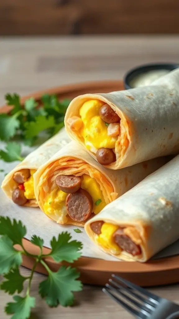 Three savory breakfast burritos filled with eggs and sausage, garnished with fresh cilantro.