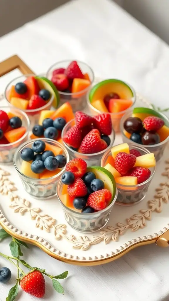 A display of mini fruit cups filled with strawberries, blueberries, cantaloupe, and honeydew on a decorative platter.