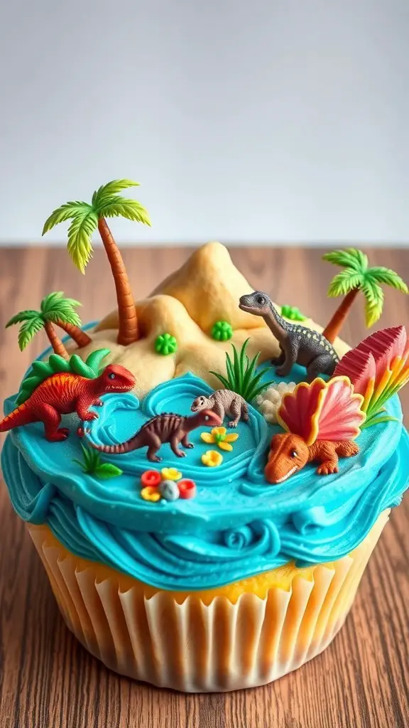 A cupcake decorated with blue frosting, palm trees, and dinosaur figurines on top.