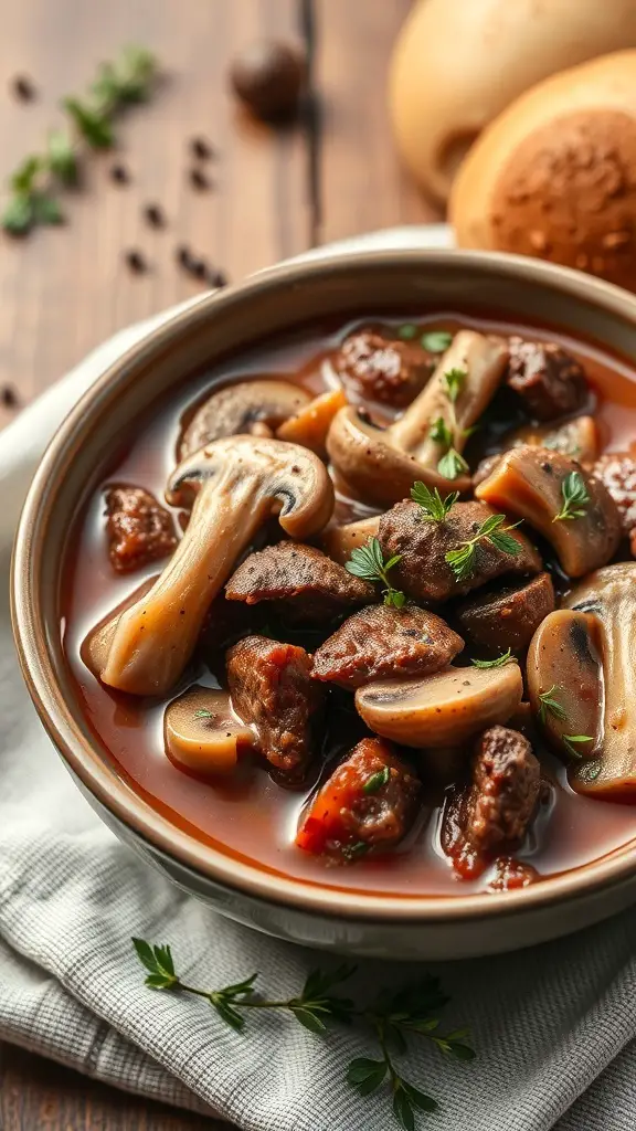 A bowl of beef stew with mushrooms and thyme, showcasing tender beef chunks and fresh mushrooms in a rich broth.