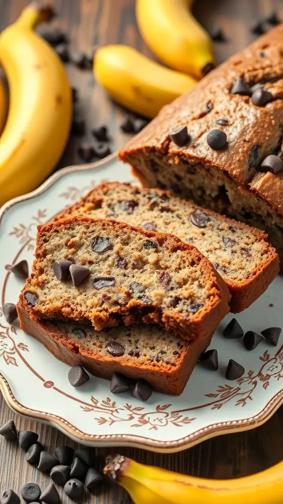 Sliced chocolate chip banana bread on a decorative plate with bananas and chocolate chips in the background.