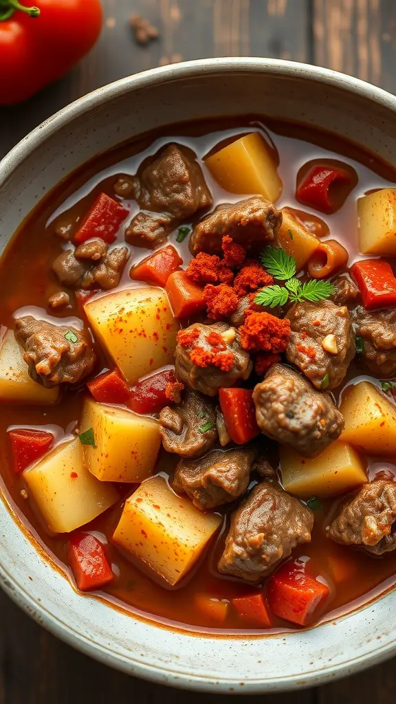 A bowl of beef and potato goulash with colorful vegetables