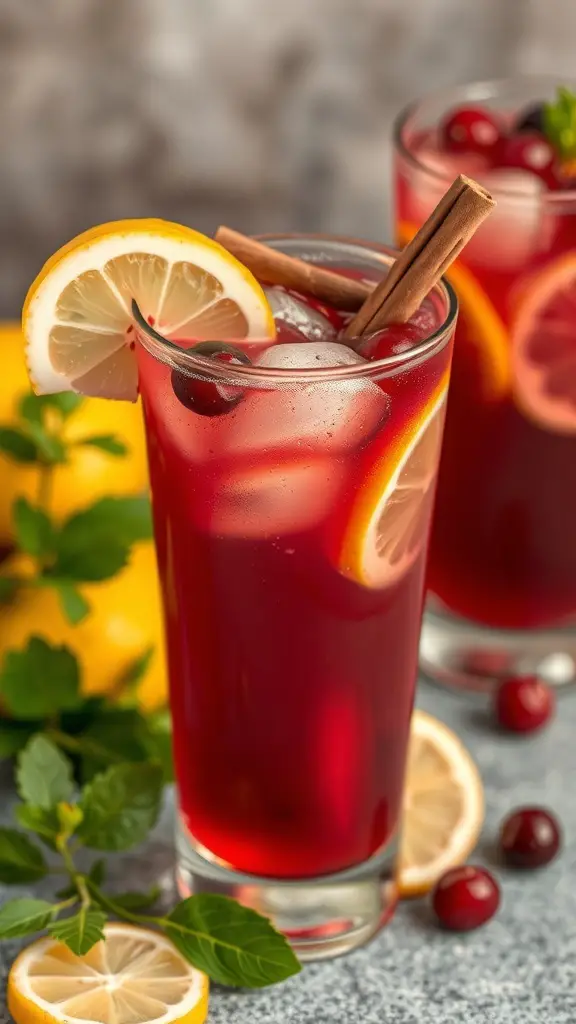 A refreshing glass of spiced cranberry lemonade with lemon slices and cinnamon sticks, perfect for Thanksgiving.