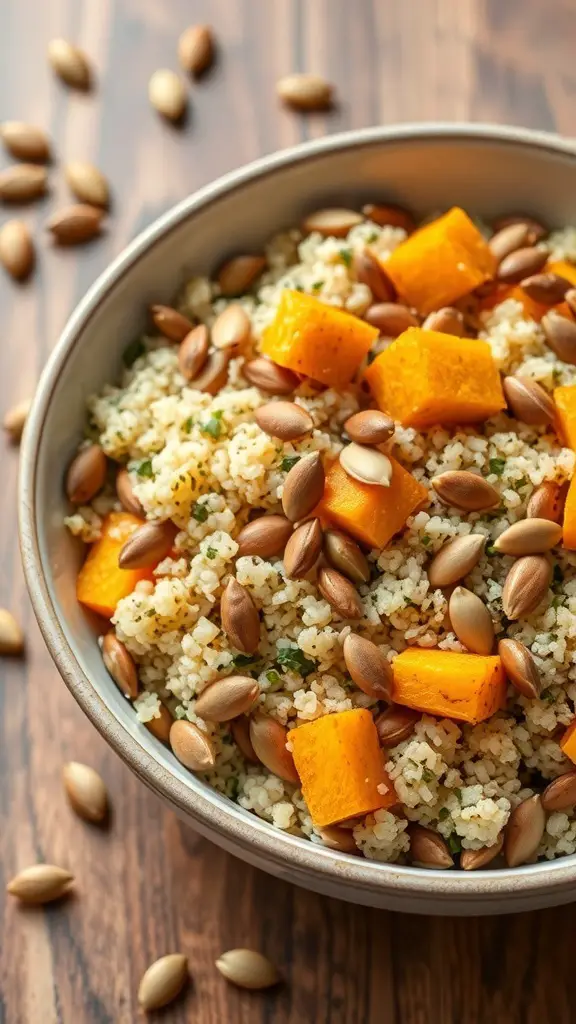 A bowl of herbed quinoa mixed with roasted pumpkin and pumpkin seeds, set on a wooden table.