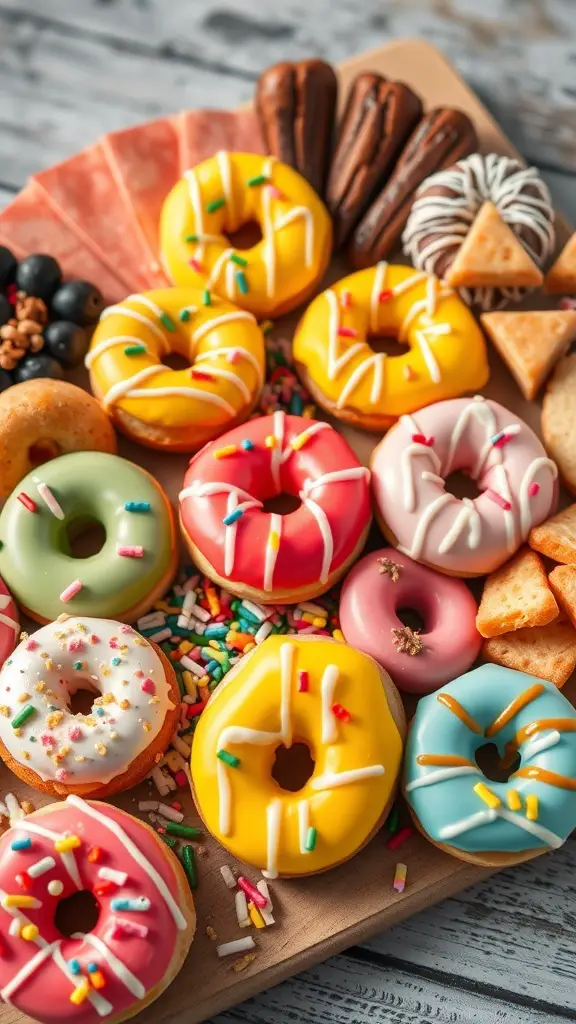 A colorful assortment of mini donuts with various toppings and snacks on a wooden board.