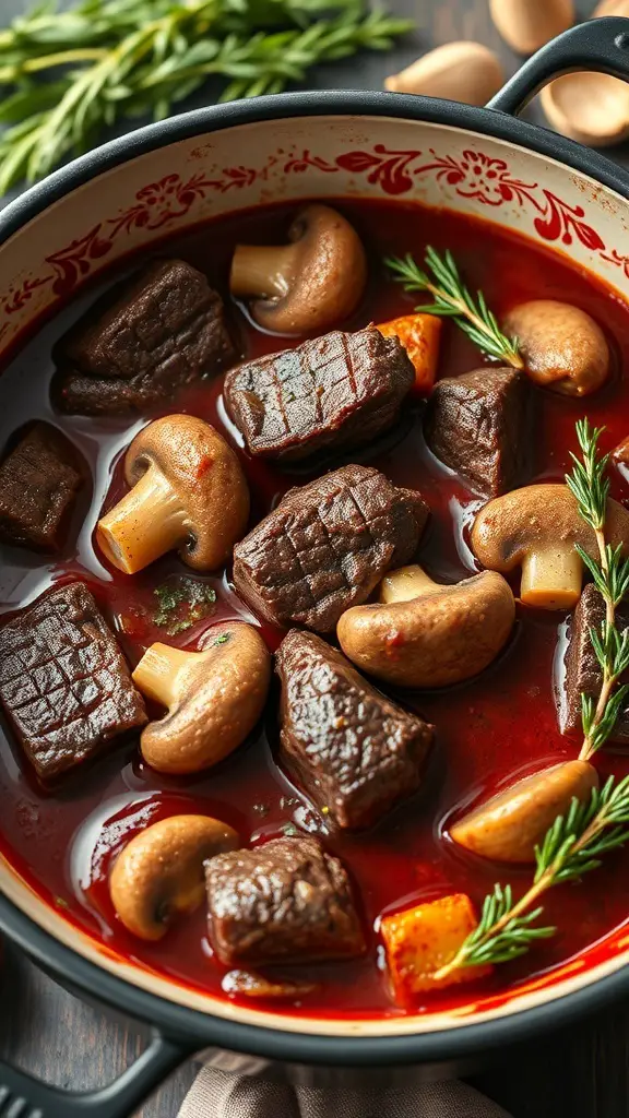 A pot of beef stew with red wine and mushrooms, featuring tender beef chunks and fresh herbs.