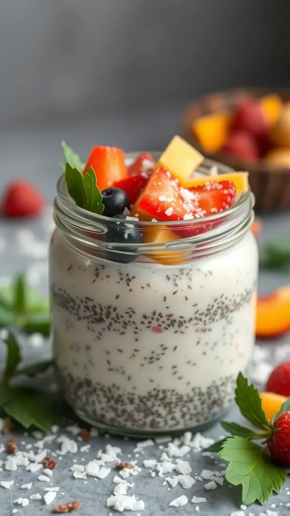 A jar of coconut chia seed pudding topped with fresh fruits and mint leaves.