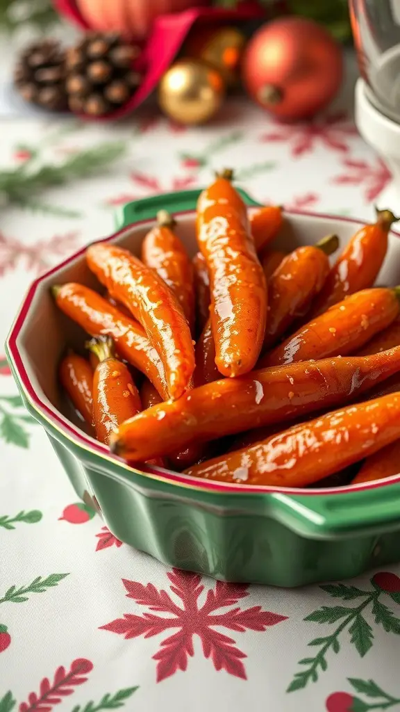 A bowl of shiny, maple glazed carrots on a festive table setting.