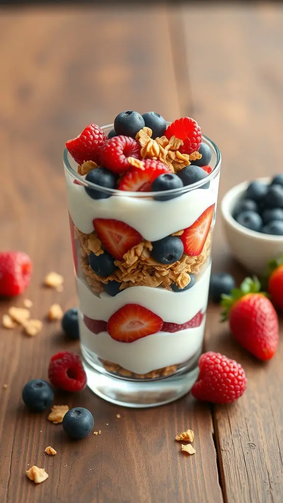 A glass of Greek yogurt parfait with layers of yogurt, granola, and mixed berries on a wooden table.