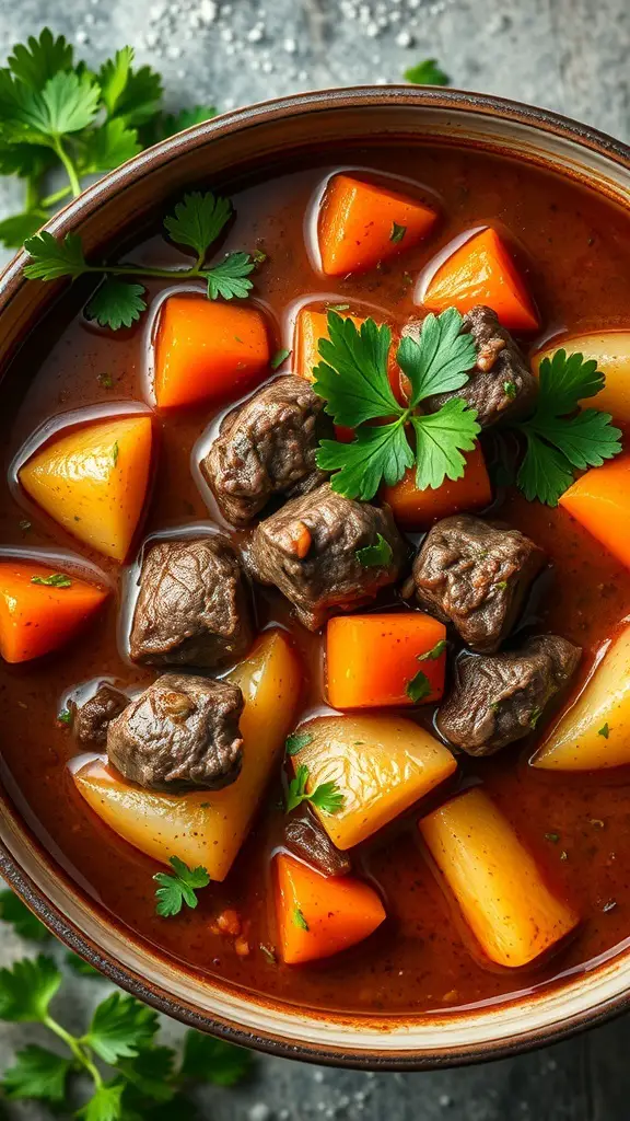 A bowl of hearty beef stew with root vegetables, garnished with fresh parsley.