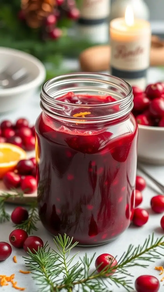 A jar of cranberry sauce surrounded by fresh cranberries and festive decorations.