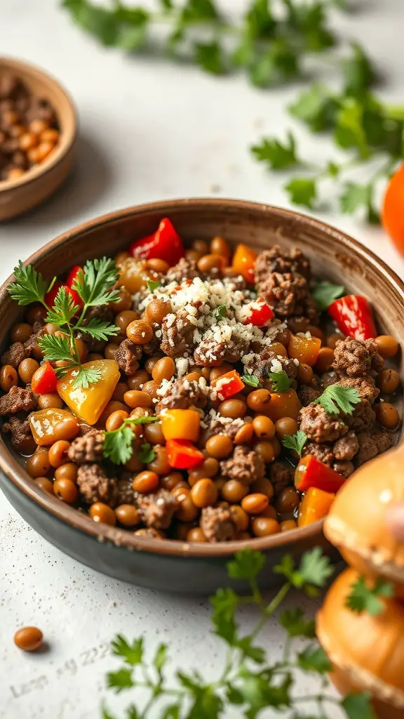 A bowl of beef and lentil casserole topped with fresh herbs and colorful bell peppers.