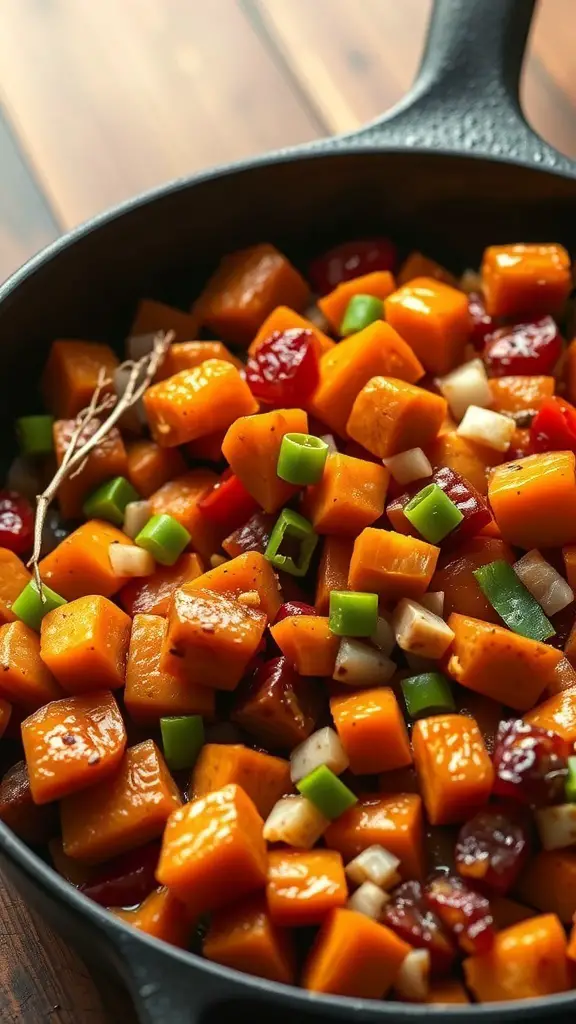 A skillet filled with diced sweet potatoes, bell peppers, and onions, ready to be cooked.