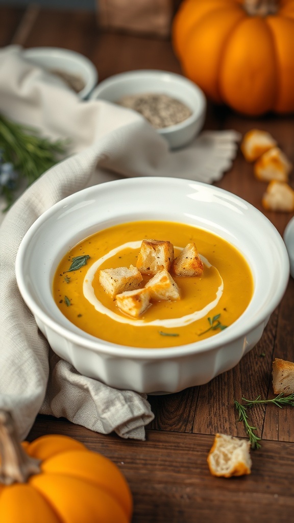 A bowl of creamy pumpkin soup topped with croutons, surrounded by fresh pumpkins and herbs.
