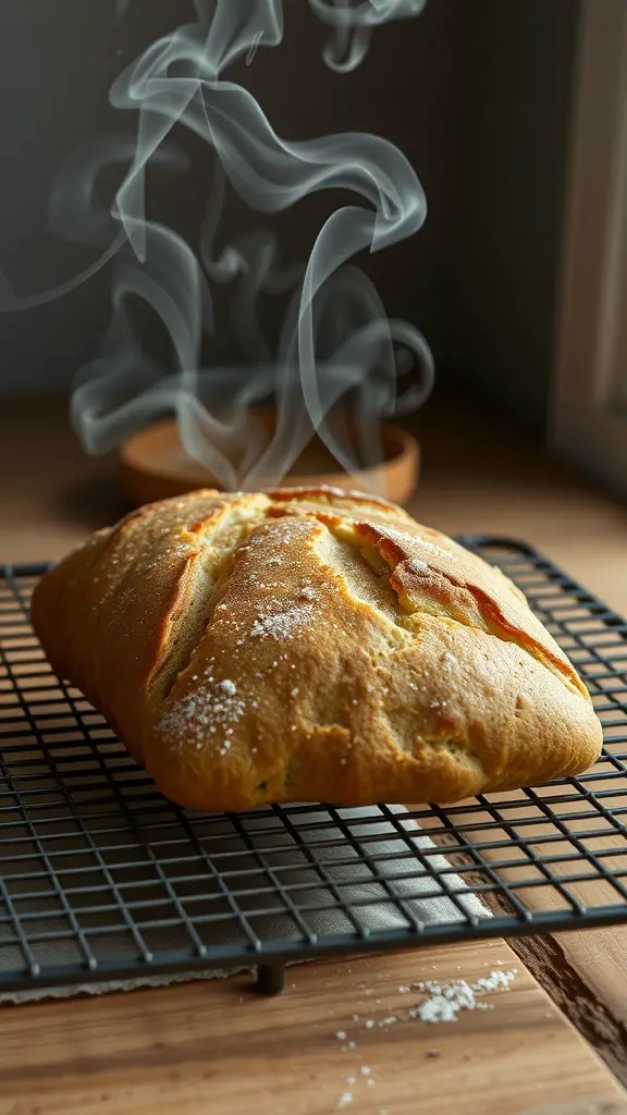 Freshly baked no-knead bread cooling on a wire rack with steam rising.