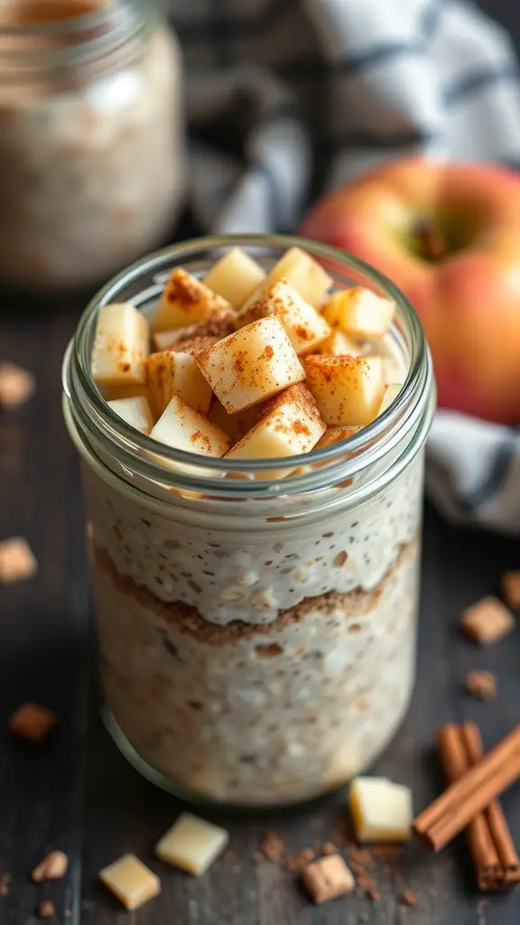 A jar of apple cinnamon overnight oats topped with diced apples and cinnamon.