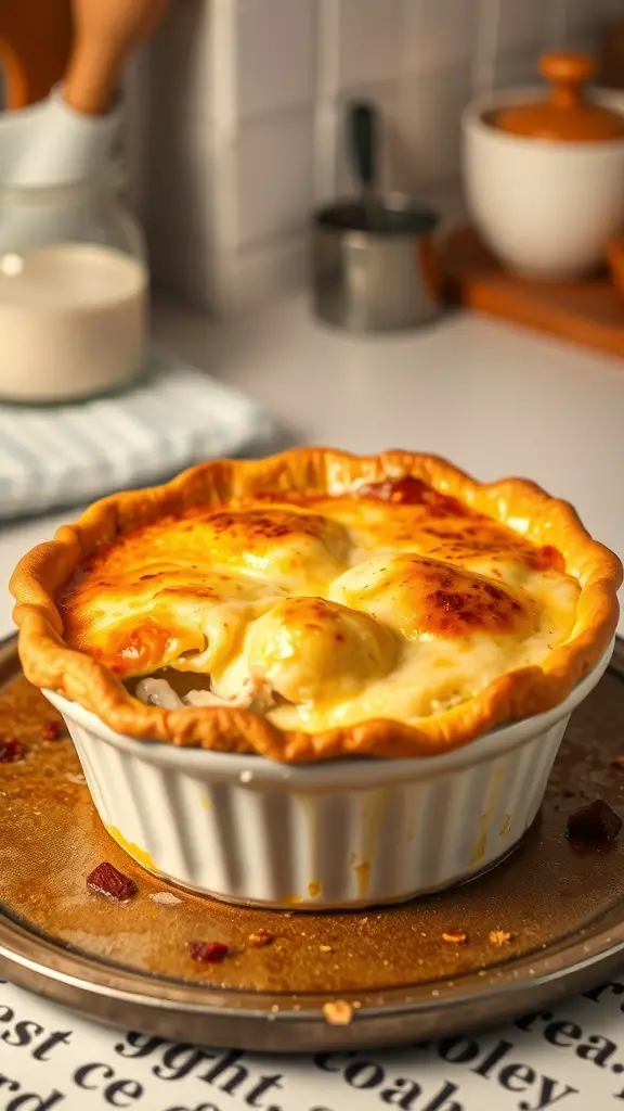 A freshly baked chicken pot pie with a flaky crust, sitting on a kitchen counter.