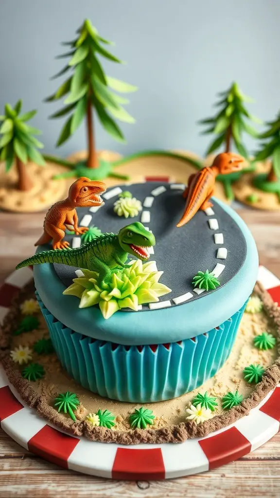 A cupcake designed like a velociraptor racing track with toy dinosaurs and colorful decorations.