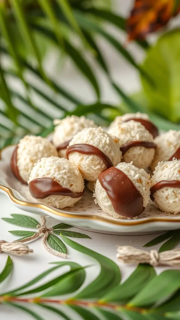 A plate of coconut macaroons drizzled with chocolate, surrounded by green leaves.