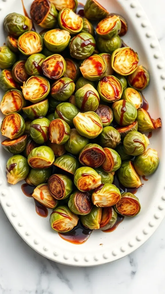 A plate of roasted Brussels sprouts drizzled with balsamic glaze, showcasing their vibrant green color and charred edges.